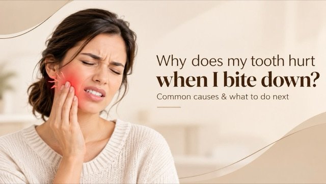 Woman wincing and holding her cheek because her tooth hurts when she bites down